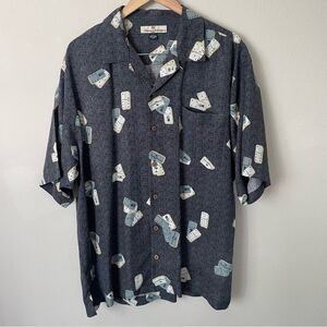 Tommy Bahama Mens XL 100% Silk Shirt Oversized Fit Grey Domino Print Camp Collar